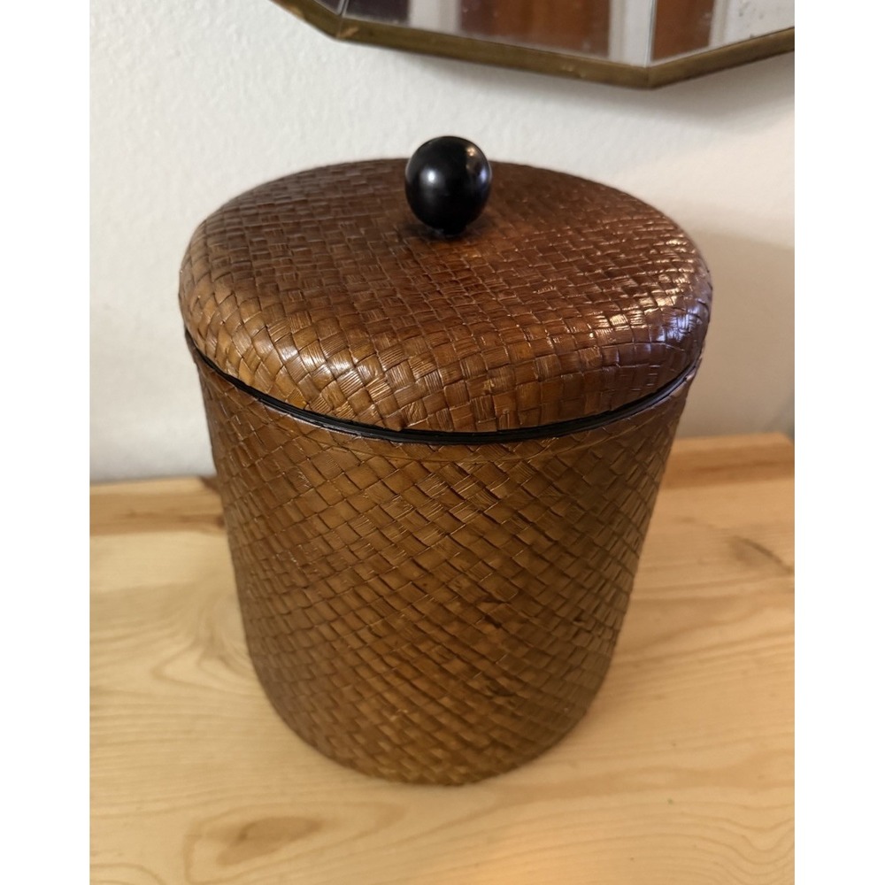 VTG Woven Sisal Ice Bucket Lid Lined Black Plastic 1970s 1980s Rustic Tiki Boho